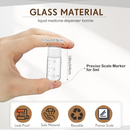 Baderke 4 Pcs Liquid Medicine Travel Container Scale Glass Liquid Containers Small Single Dose Medicine Bottles Dispenser and Leak-proof Plug Travel Essentials Accessories(Clear,5ml) - color: Clear, size: 5ml