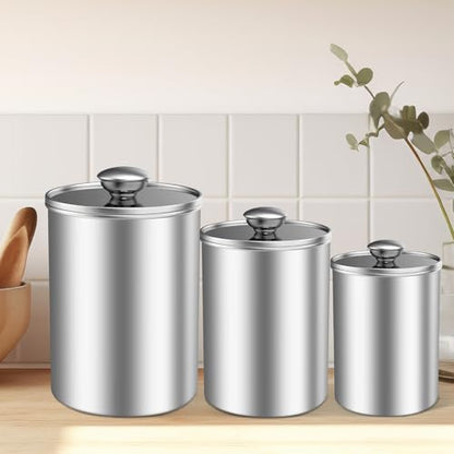 ENLOY Stainless Steel Food Storage Container Set of 3, 88/61/29 oz with Clear Glass Lids - Ideal for Coffee, Tea, Sugar, Flour Canisters - size: Medium