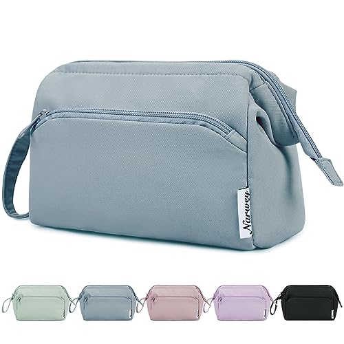 Narwey Wide-open Makeup Bag Women Make up Bag Travel Cosmetic Bag Organizer Toiletry Bag for Cosmetics Toiletries Accessories (Greyish Blue) - color: Greyish Blue