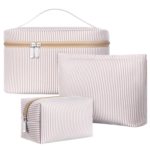 Huhumy 3 Pieces Makeup Bag Set for Women Cute Seersucker Cosmetic Pouch Travel Toiletry Bag Preppy Small Makeup Purse Pouch Aesthetic Skincare Brushes Storage Organizer for Women(Khaki) - color: Khaki