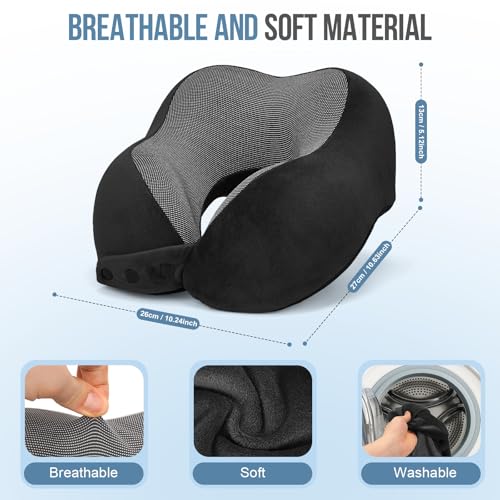 Travel Neck Pillows for Airplanes Memory Foam Neck Pillow for Traveling Adjustable Travel Pillow for Sleeping, Airplane,Train, Car with Eye Mask, Earplugs, Carry Bag