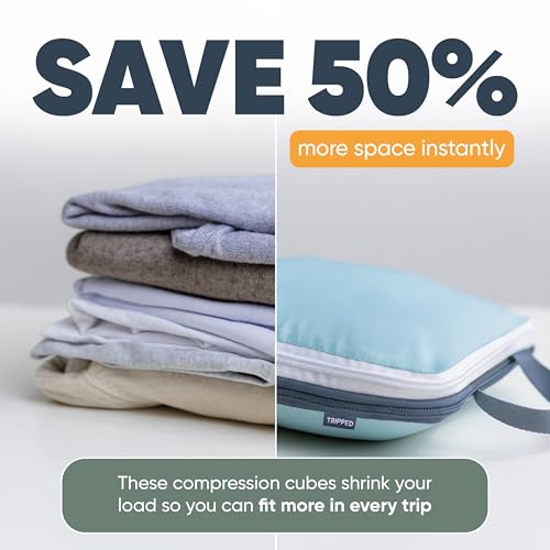 Large Compression Packing Cubes for Travel-Packing Cube Luggage Organizers 7 Piece Set for Checked Luggage-Ultralight, Expandable/Compression Bags by TRIPPED Travel Gear (DustyTeal/White) - color: DustyTeal/White