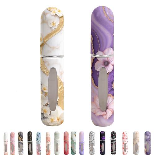 Refillable Perfume Atomizer Travel Bottles– Portable Leakproof Mini Sprayer for Cologne & Essential Oils, Plastic Empty Perfume Bottles with Unique Patterns,2 Pcs Pack of 5 ml(Marble flower) - color: Marble flower