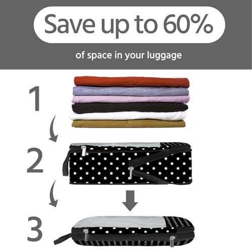 7 Pcs Compression Packing Cubes for Travel, Waterproof Suitcase Luggage Backpack Organizer with Toiletry Bag Travel Essentials for Women/Men-Polka Dots - color: Black-Polka Dots