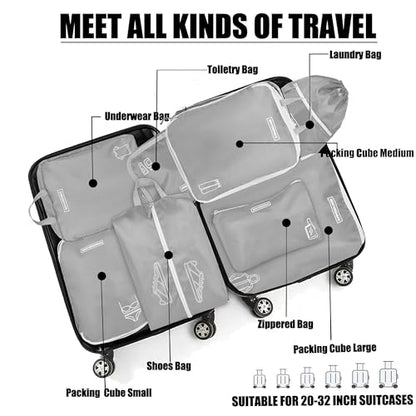 8 Set Expandable Compression Packing Cubes for Suitcases Travel Essentials Carry On Waterproof Storage Bag With Dry And Wet Separation Grey - color: Grey