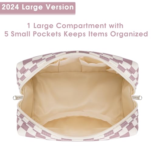 Narwey Checkered Makeup Bag Pink Travel Cosmetic Bag Organizer Toiletry Bag Make Up Bags with Compartments for Women Girls (Large, Dusty Rose Checkerboard) - color: YB-Dusty Rose Checkerboard, style: Large