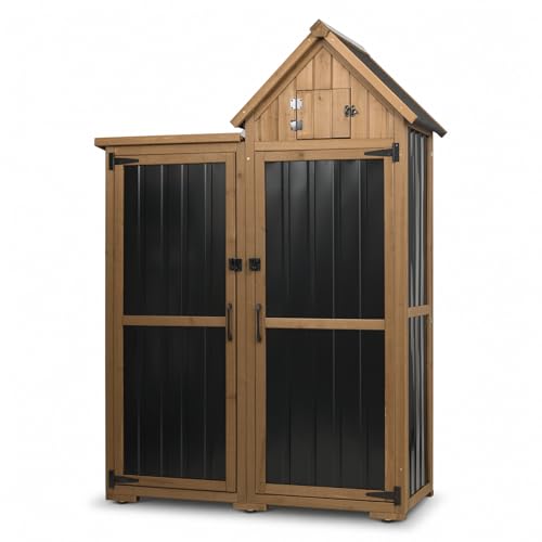 Ketive Outdoor Storage Cabinet, 67" Wooden Garden Tool Storage Shed with Shelves, Metal Panels, Top Storage Compartment, Asphalt Roof, Ground Anchors for Patio, Backyard, Garden Tools - color: Black, size: 44" x 28" x 67"