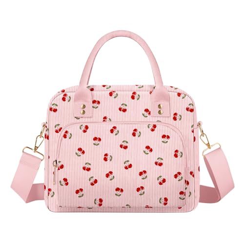 Lunch Bag Large Insulated Lunch Box for Women Adult Cute Pink Strawberry Lunchbox Corduroy Lunch Bags Boxes Pail with Shoulder Strap for Work Mom Picnic Office Travel 11.4×6.8×9.1 inches 11.5L - color: Pink Cherries
