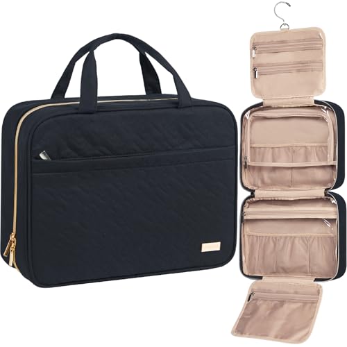 NISHEL Travel Toiletry Bag for women, Portable Hanging Organizer for Family-Sized Shampoo, Conditioner, Brushes Set, Makeup Accessories, Extra Large Size, Black - color: Black, size: Extra-Large