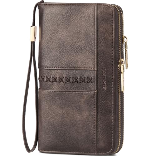 BOSTANTEN Wallets for Women Leather RFID Double Zipper Around Credit Card Holder Large Capacity Wristlet Clutch Wallet - color: T-coffee
