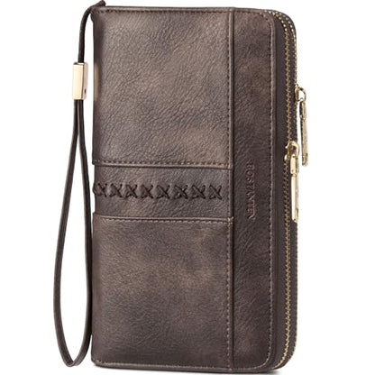 BOSTANTEN Wallets for Women Leather RFID Double Zipper Around Credit Card Holder Large Capacity Wristlet Clutch Wallet - color: T-coffee