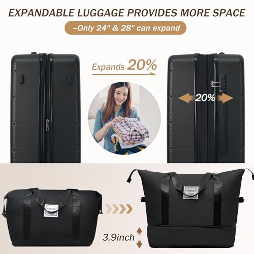 Merax Luggage Sets 5 Piece, Hardside 20" Half-opening Carry On Suitcase Set with USB Port,Lightweight Travel 24" 28" Luggage with Bags TSA Locks Double Spinner Wheels,Black - color: Black, size: 3 piece(20front open+24+28+bags)