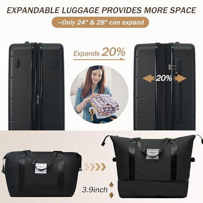 Merax Luggage Sets 5 Piece, Hardside 20" Half-opening Carry On Suitcase Set with USB Port,Lightweight Travel 24" 28" Luggage with Bags TSA Locks Double Spinner Wheels,Black - color: Black, size: 3 piece(20front open+24+28+bags)