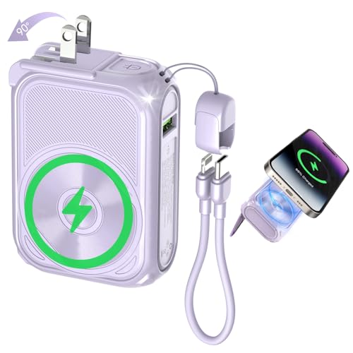 SEANCHEER P05 Portable Charger, Magnetic Power Bank, Small PowerBank, Battery Pack10000mAh Travel Essentials Fast Charging with Built in Cable, Foldable Wall Plug for iPhone,Samsung,Andriod (Purple) - color: Purple