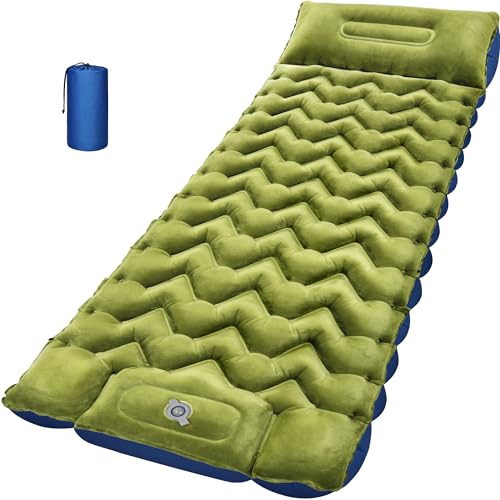 Camping Sleeping Pad, 4in Extra-Thick Inflatable Sleep Mat with Built-in Foot Pump & Pillow, Compact Camp Air Mattress for Backpacking, Hiking, Tent, Car, Travel Gear - color: Crystal Velvet Green+blue Nylon