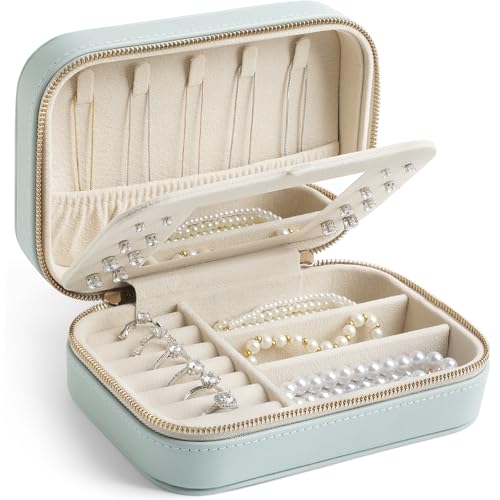 Genuine Leather Travel Jewelry Organizer Case with Mirror for Women, Small Mini Portable Jewelry Box for Ring Earrings Necklace Bracelet Luxury Gift for Women（Cyan） - color: Nappa Leather Cyan