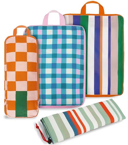 4 Pcs Compression Packing Cubes, Packing Cubes for Travel, Waterproof Luggage Organizer Bags Set, Cute Packaging Cubes for Women Kids Backpack Carry-Ons - color: Colorful Plaid, size: 4 Set