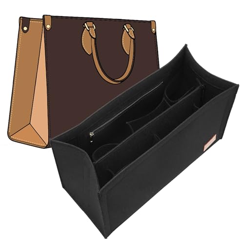 Bag Organizer Insert for LV On The Go MM and Dior Medium Book Tote and more, 9-Section Customizable Purse Organizer with Secure Zippered Pocket Water Bottle Holder, Handbag Shaper Protector (Black) - color: Black, size: Medium Book Tote/On The Go MM