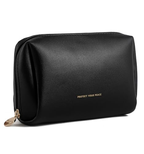 Aveniee Travel Makeup Bag Small, Vegan Leather Cosmetic Pouch for Purse, Wide-open Toiletry Organizer with Dividers & Zipper for Women-Black - color: Black, size: Small