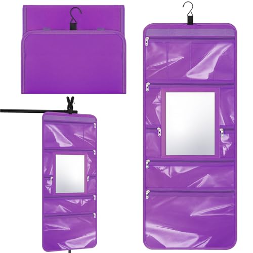 Hanging Toiletry Bag with Mirror for Women Hanging Mirror for Dance Bags Travel Large Foldable Dance Bag Organizer Storage Waterproof Cosmetic Case Accessories for Bathroom(Purple) - color: purple