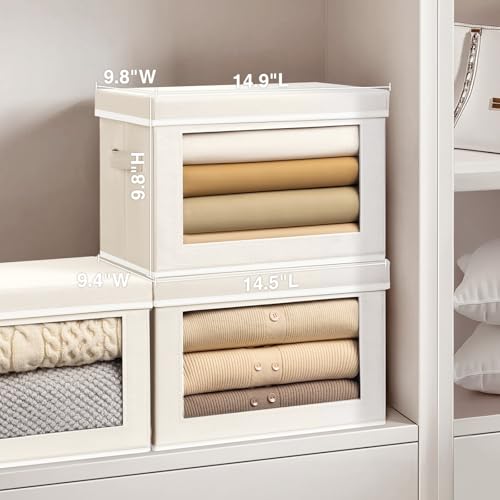 Homsorout Stackable Storage Bins with Lids - Medium Storage Box with Lids, Foldable Closet Boxes for Organizing, Wardrobe Clothes Organizer with Window, Fabric Bins for Living Room, 6 Pack, Beige - color: Beige, size: L(6-Pack)