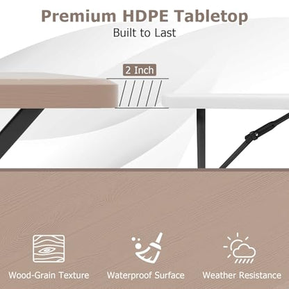 GYMAX Picnic Table, Picnic Bench Easy to Assemble w/All Weather Wood Grain Tabletop & Metal Frame, Picnic Tables for Outdoors Camping Backyard Deck Patio Poolside Dining Party - color: Brown