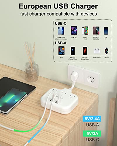 European Travel Plug Adapter 3 inch, International Plug Adapter, US to Europe Plug Adapter with 3 Outlets 4 USB Ports(2 USB C), Type E F Power Adapter to EU Germany Spain France Portugal Iceland - style: Type E/F-Germany France