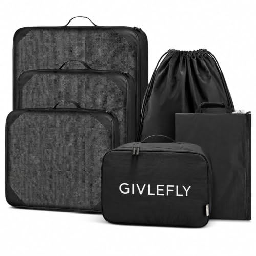 GIVLEFLY Compression Packing Cubes for Travel, 6-Piece Lightweight Luggage Organizer Bags, Space Saving Suitcase Packing Set for Women - color: Black
