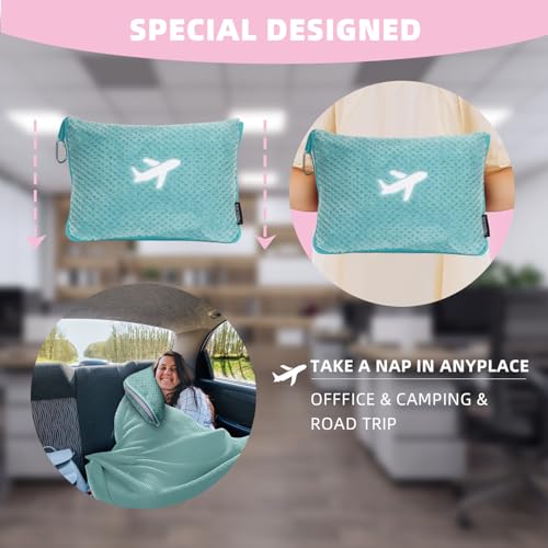 3 in 1 Travel Blanket Pillow Set - 350 GSM Thick Travel Blanket Airplane Compact with Bag, Soft Bag with a Pocket, Inflatable Travel Pillow for Camping & Car Trip(Mint Green) - color: Mint Green