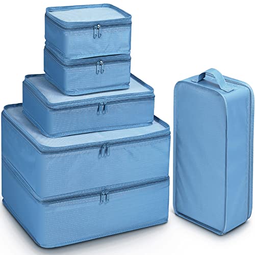 Mossio 6 Set Packing Cubes with Shoe Bag - Lightweight Travel Luggage Suitcase Organizers - color: Sea Blue