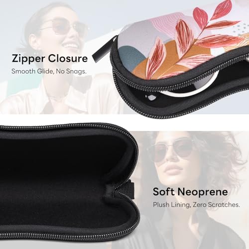 Sunglasses Case with Belt Clip, Ultra Light Neoprene Zipper Soft Padded Glasses Case for Women Men - color: Boho Leaves