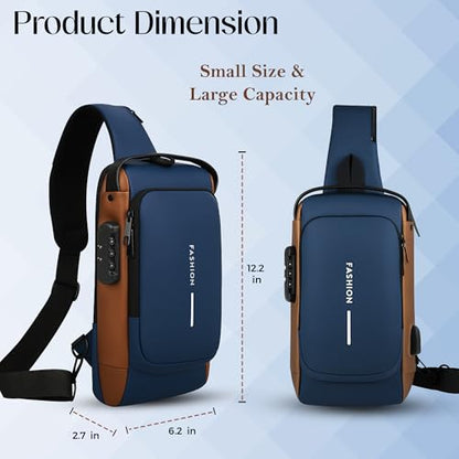 Unisex Anti-Theft Sling Bag with USB Port, Water-Resistant Crossbody Chest Backpack for Travel & Work - color: Blue & Golden