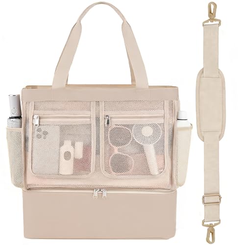 Beach Bags for Women, Large Beach Tote Bag Waterproof Mesh Swim Pool Bag with Cooler for Travel Vacation Essentials - color: Champagne