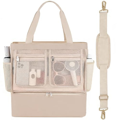 Beach Bags for Women, Large Beach Tote Bag Waterproof Mesh Swim Pool Bag with Cooler for Travel Vacation Essentials - color: Champagne