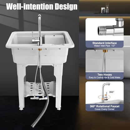 Utility Sink Laundry Tub with Washboard, Freestanding Plastic Laundry Sink with Cold & Hot Water Faucet, Indoor Outdoor Utility Sink for Laundry Room, Garage, Garden (25.6x21.65x31.5 Inch) - color: Gray, 25.6 x 21.7 x 31.5in