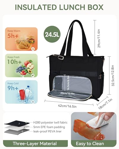 HOMESPON Lunch Bag, 24.5L Large Tote Bag for Women, Laptop Bag Fits 15.6" with Insulated Lunch Compartment & Shoulder Strap, Work Tote for Nurse, Teacher, Office, Commute, Travel, Black - color: Black