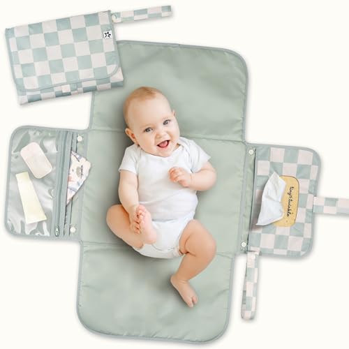 Tiny Twinkle Portable Diaper Changing Pad | Waterproof, Wipeable & Compact Baby Changing Pad for Travel | Smart Wipes Pocket & Organized Storage| Newborn Shower Gift (Sage Checkers) - color: Sage Checkers