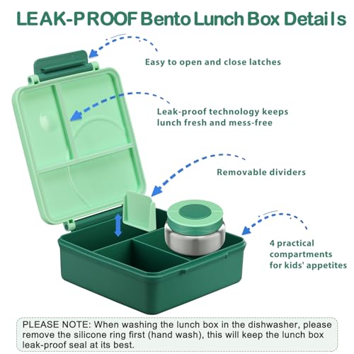Bento Lunch Box Set for Kids with 8oz Soup Thermo, Leak-Proof Lunch Containers with 4 Compartment, Kids Thermo Hot Food Jar and Insulated Lunch Bag for Kid to School-Green - color: Green