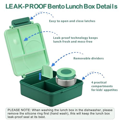 Bento Lunch Box Set for Kids with 8oz Soup Thermo, Leak-Proof Lunch Containers with 4 Compartment, Kids Thermo Hot Food Jar and Insulated Lunch Bag for Kid to School-Green - color: Green