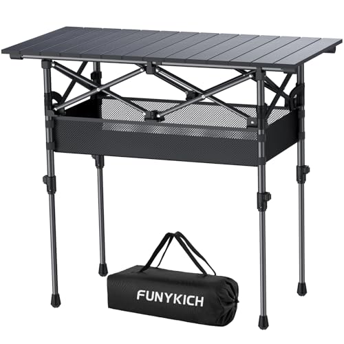 FUNYKICH Folding Camping Table(L32.3''xW15.7''), Aluminum Roll-up Portable Picnic Table with 2 Adjustable Height, Large Storage and Carrying Bag for Picnic, Camping, BBQ, Party, Backyard, Beach - size: 32.3''L x 15.7''W x (17.3''/27.6'')H
