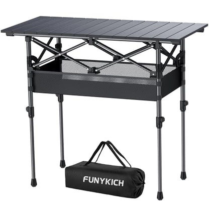 FUNYKICH Folding Camping Table(L32.3''xW15.7''), Aluminum Roll-up Portable Picnic Table with 2 Adjustable Height, Large Storage and Carrying Bag for Picnic, Camping, BBQ, Party, Backyard, Beach - size: 32.3''L x 15.7''W x (17.3''/27.6'')H