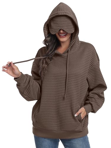 SeSe Code Hoodie With Eye Mask Waffle Hooded Sweatshirts Womens Travel Airplane Sleep Hoodies Mens Oversized Pullover - color: Brown, size: X-Large