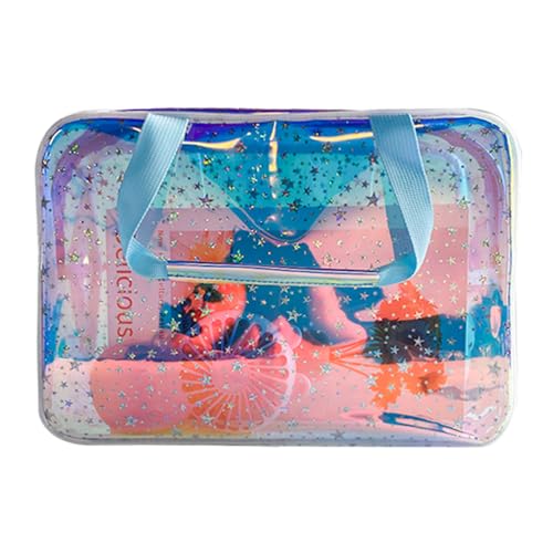 TPU Holographic Blue Clear Star Large Cosmetic Bag and Travel Pouch with Handle,Durable TPU Material,Zipper Design-Ideal for Makeup,Travel Essentials (Holographic Blue) - color: Holographic blue