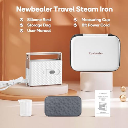 Newbealer 100-240V Travel Steam Iron, 2in1 Handheld Steamer, 120ml (Gold) | Compact for Global Trips & Vacations, Non-Stick Ceramic Soleplate, Heats in 20s, 360° Steaming Anti-Spill, Auto-Off, 1.5 lbs - color: Gold