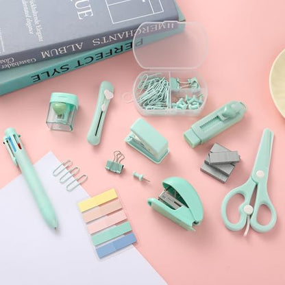 Green Mini Office Supply Kit Mini School Supplies Desk Accessory Set Includes Mini Stapler Pencil Sharpener Staple Remover Hole Punch Ballpoint Pen Scissor Box Cutter Paper Clips Sticky Index Tabs - color: Green