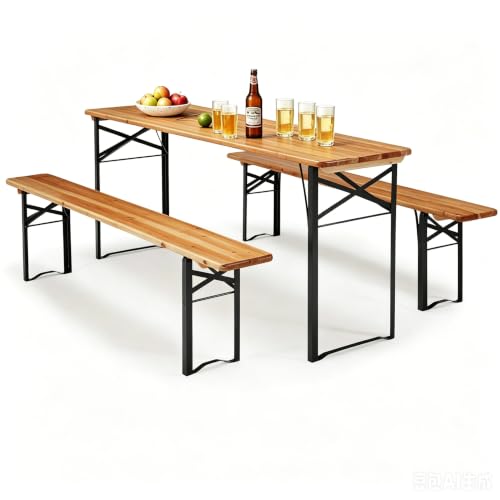 AVAWING 5.8FT 3-Piece Portable Picnic Table Bench Set, 6-8 Person Folding Wooden Dining Table Set，70" Patio Beer Table for Outdoor Activities Garden BBQs Parties Camping