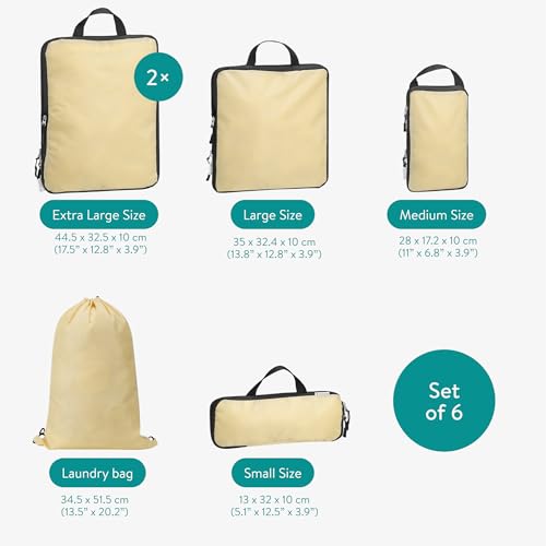 Navaris Compression Packing Cubes Set of 6 - Compressible Travel Bags for Packing Many Sizes - Lightweight Compression Travel Organizer Suitcase Carry On Luggage Backpacks - Beige