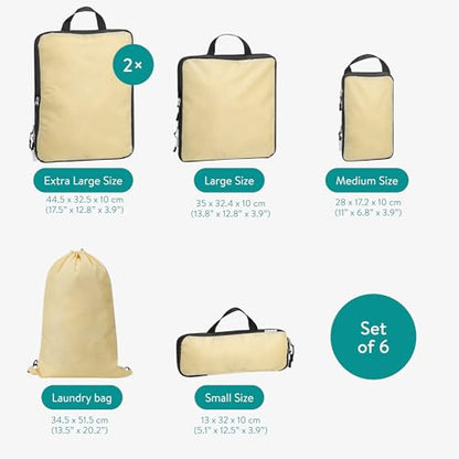 Navaris Compression Packing Cubes Set of 6 - Compressible Travel Bags for Packing Many Sizes - Lightweight Compression Travel Organizer Suitcase Carry On Luggage Backpacks - Beige