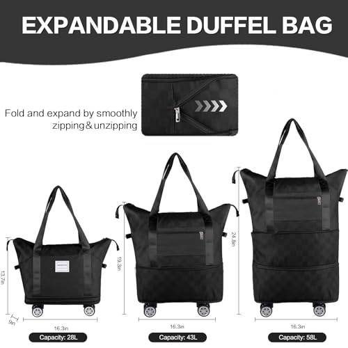 Expandable Rolling Duffle Bag - Large Carry-On With Spinner Wheels, Foldable Weekend Travel Bag, 28-58L Capacity（Backpack-Black Checkboard） - color: Backpack-Black Checkboard, style: Backpack