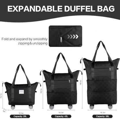 Expandable Rolling Duffle Bag - Large Carry-On With Spinner Wheels, Foldable Weekend Travel Bag, 28-58L Capacity（Backpack-Black Checkboard） - color: Backpack-Black Checkboard, style: Backpack